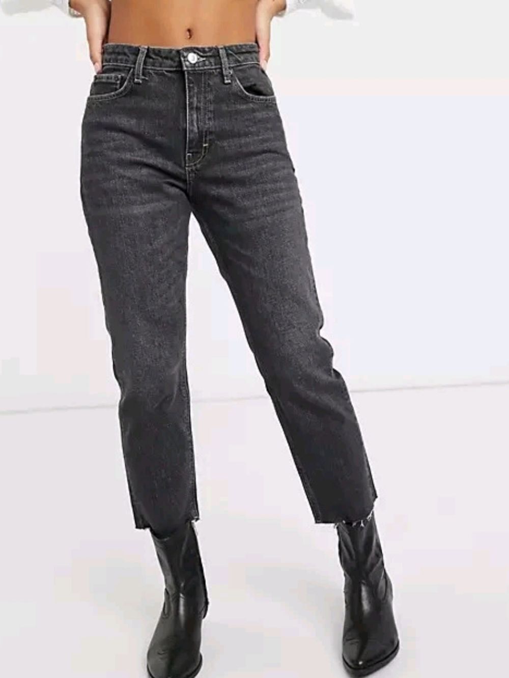 Topshop Womens Charcoal Washed Straight Petite High Rise Cropped Jeans NWT 24x28